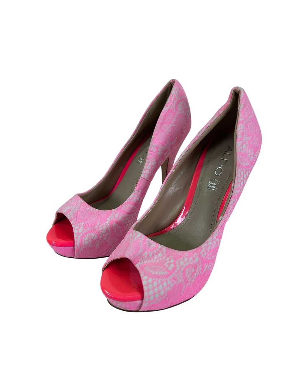 ALDO Hot Pink Lace Platform Stiletto Heels EU 38 Peep Toe Silver Y2K Glam Pumps